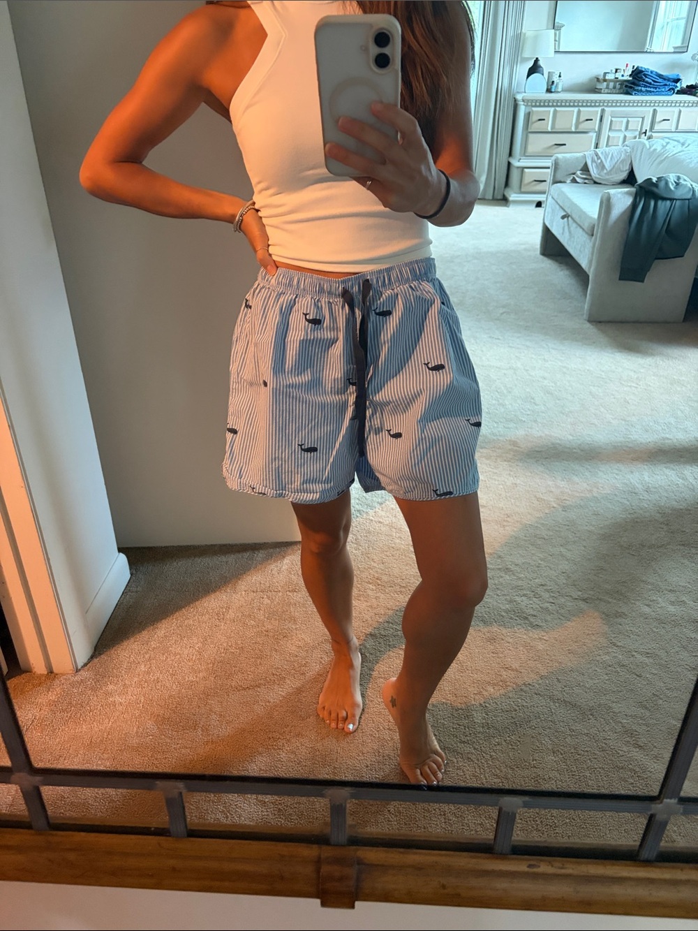 LL bean Light Blue Stripe Whale-Print Lounge Shorts
